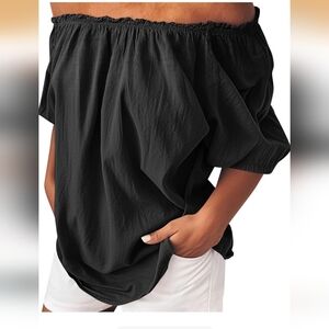 NWT Off Shoulder Long-Sleeved Ruched Boho Blouse (Black) - INC